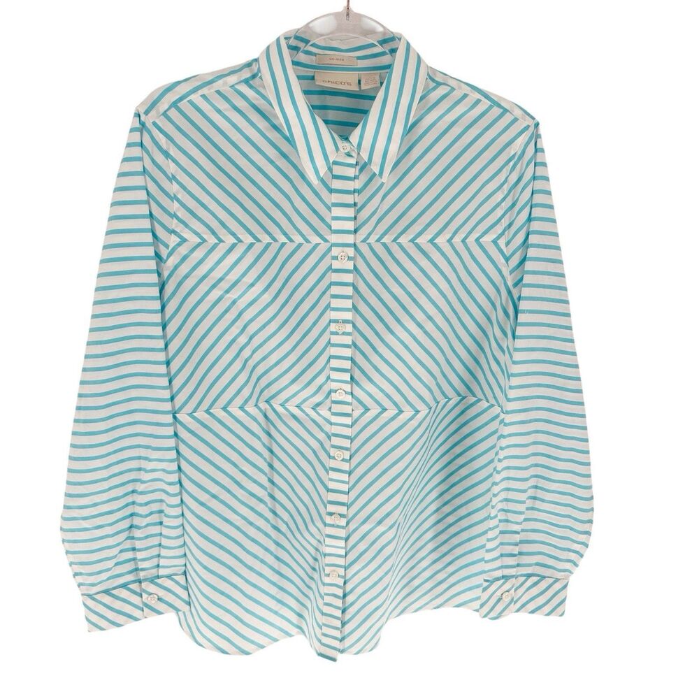 Chicos 3 Shirt Womens XL Blue White Chevron Striped Button Down No Iron Office